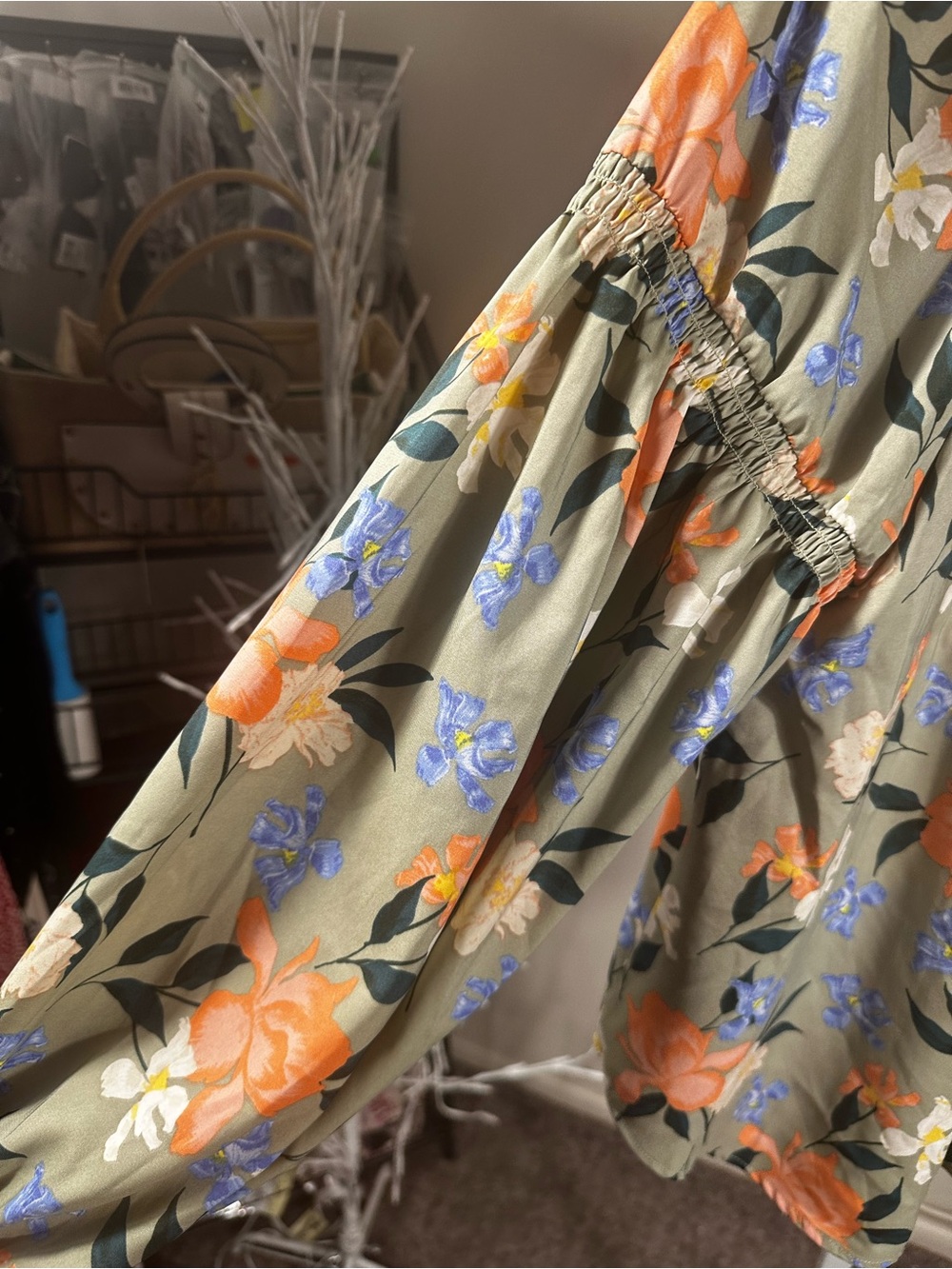 S62. Frye- Floral Button-Front Peasant Blouse - Olive with Orange & Blue Flowers - Picture 6 of 6